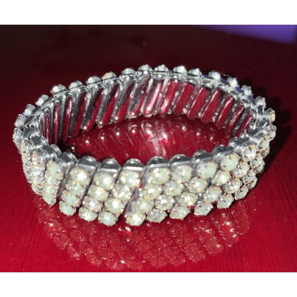 Vintage 1950s Expandable Rhinestone Expansion Bracelet Silver Tone